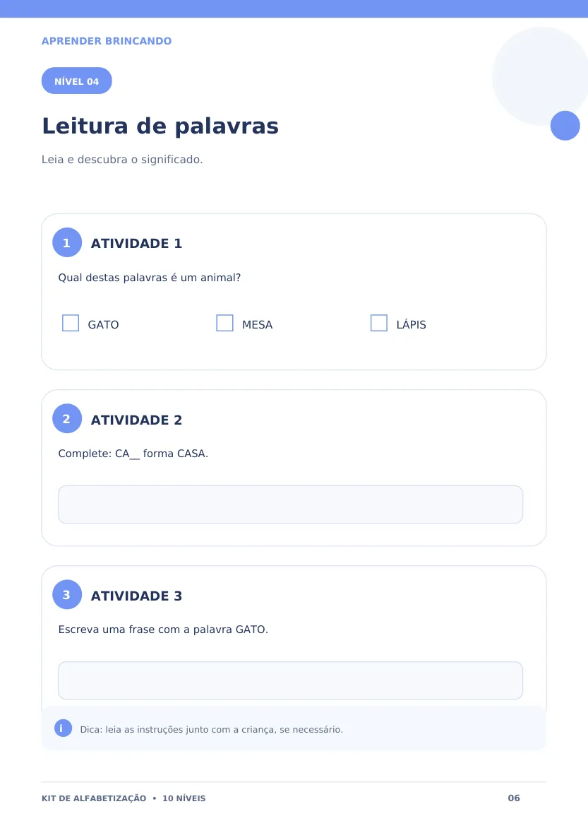 Página real: Leitura de palavras